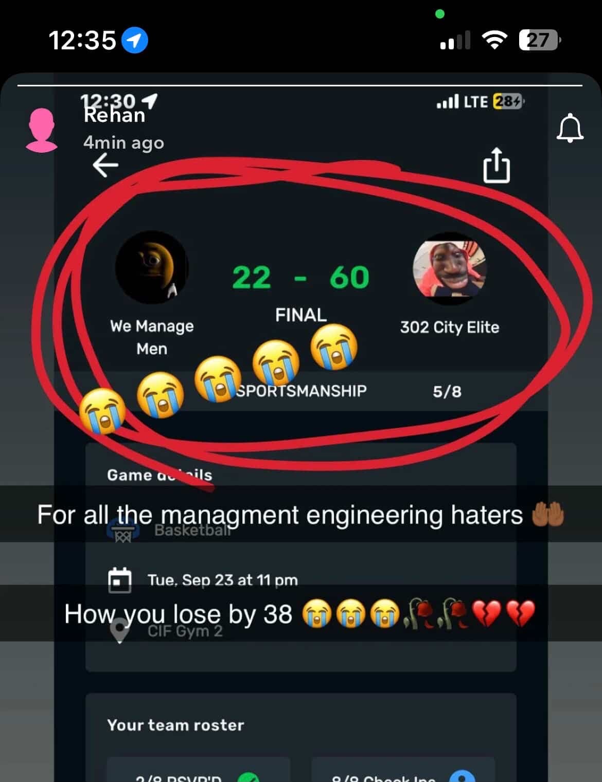 Basketball score - management engineering victory